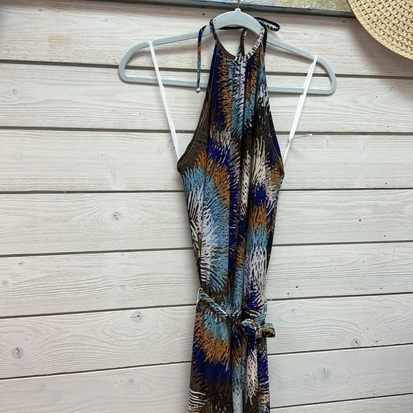 Nikki Poulos Size Sm Tie Dye Halter Jumpsuit Brown Blue Belted Cut Out Tie Neck - Picture 3 of 7